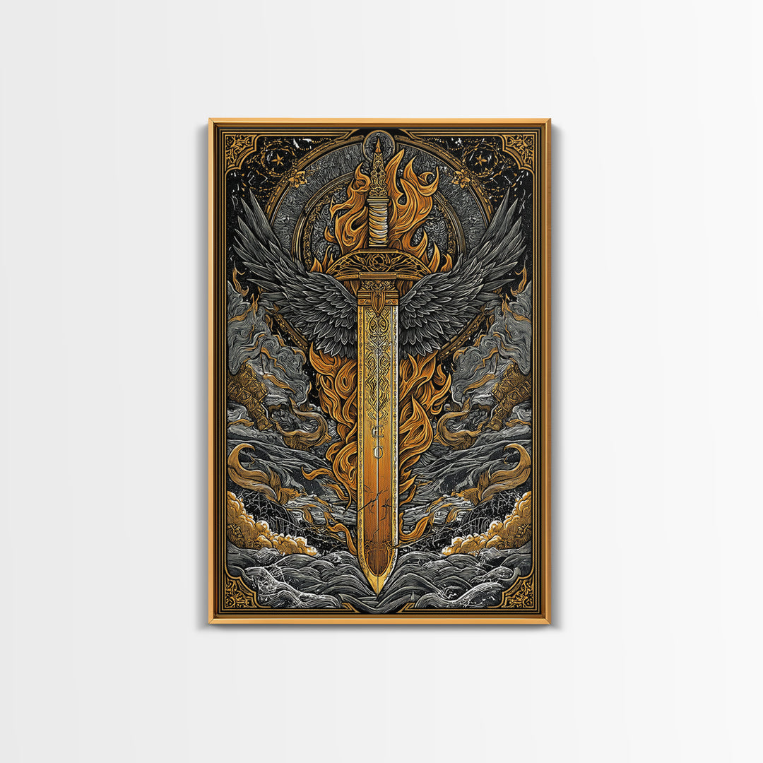 Valkyrie Sword Canvas Gold Art Canvas Art | Norse Mythology Weapon Wall Decor Viking Warrior Art | Mounted in Solid Wood Frame