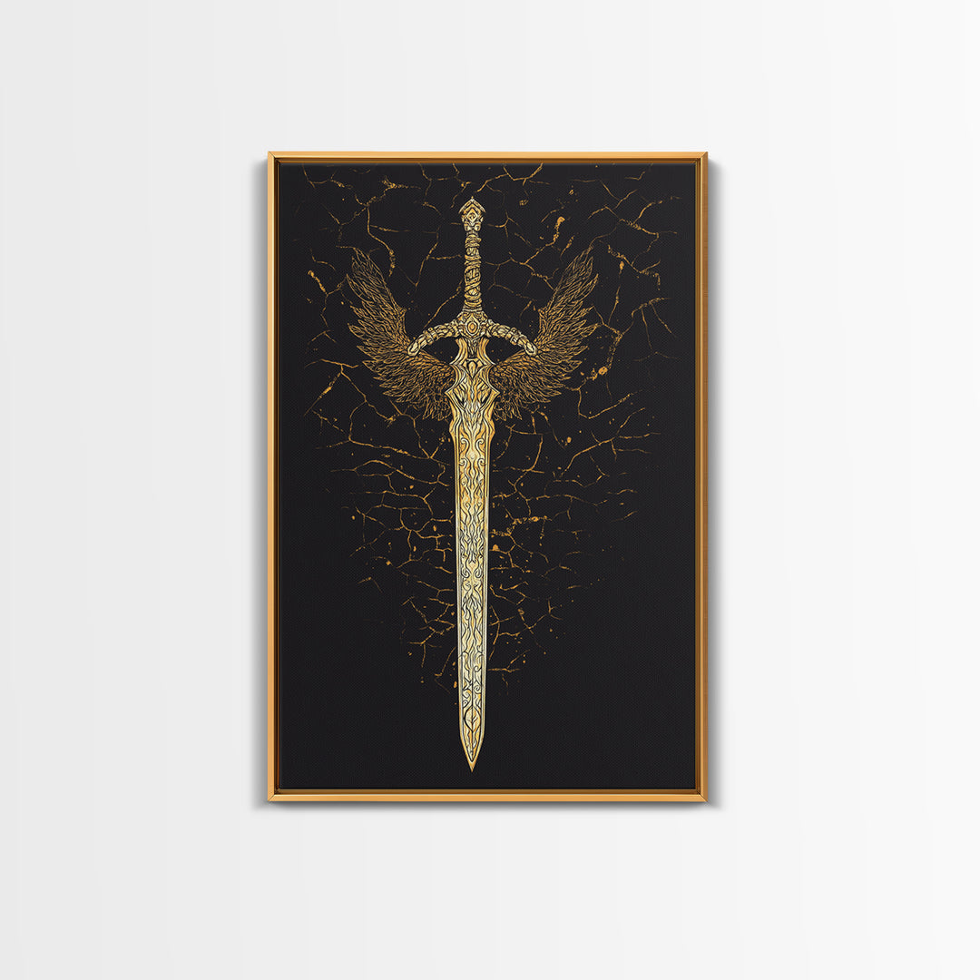 Winged Viking Sword Canvas Gold Art Canvas Art | Norse Mythology Weapon Wall Decor for Man Cave or Office | Framed in Real Wood