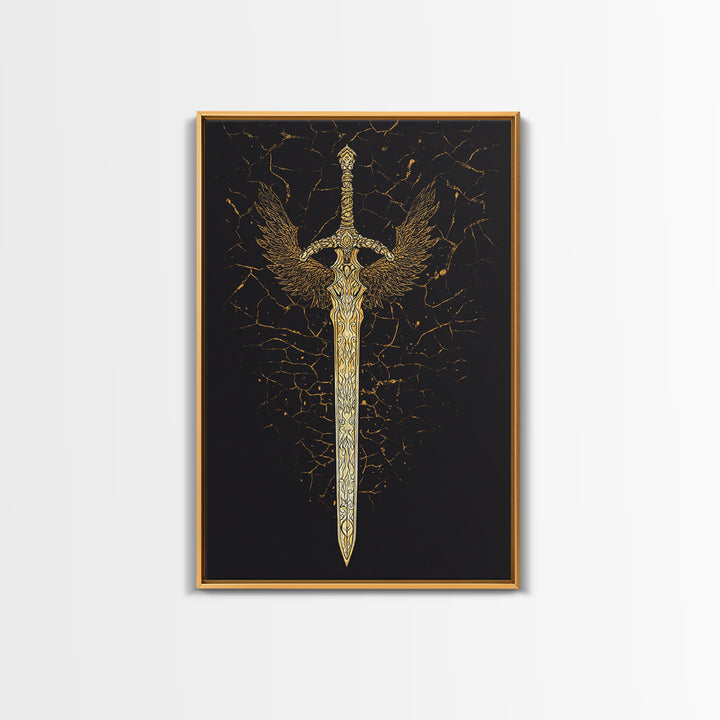 Winged Viking Sword Canvas Gold Art Canvas Art | Norse Mythology Weapon Wall Decor for Man Cave or Office | Framed in Real Wood