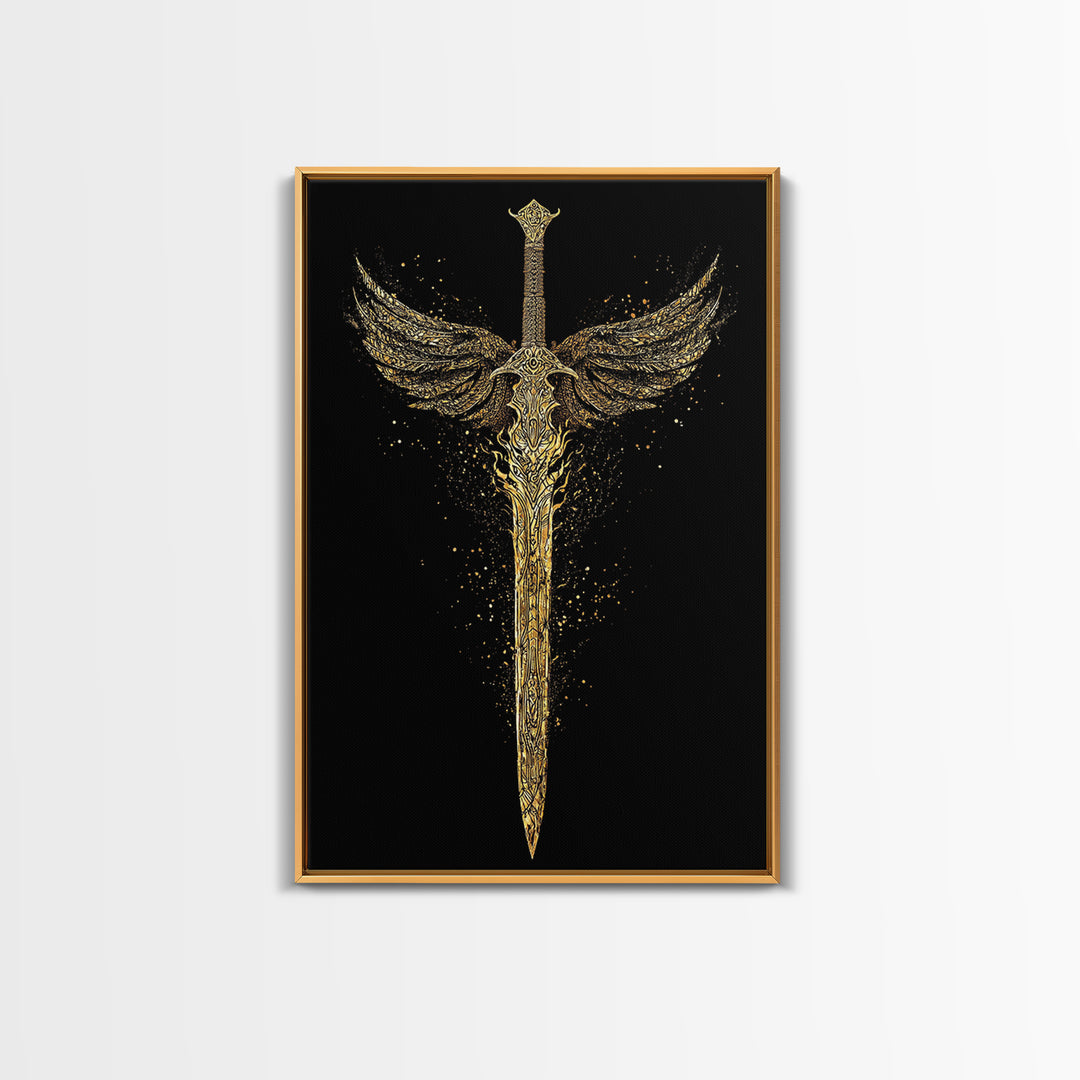 Norse Angelic Sword Canvas Gold Art Canvas Art | Viking Warrior Weapon Wall Art Dad Gift | Mounted with Solid Natural Wood Frame