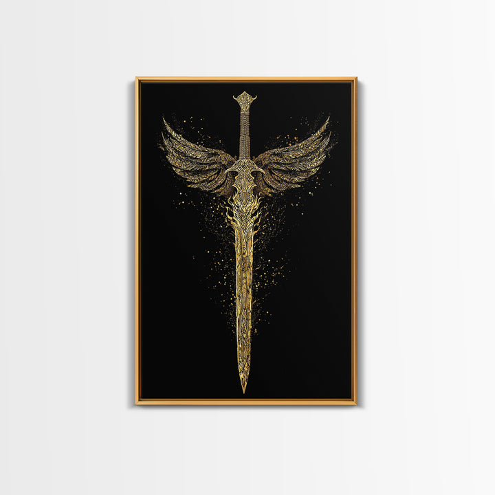 Norse Angelic Sword Canvas Gold Art Canvas Art | Viking Warrior Weapon Wall Art Dad Gift | Mounted with Solid Natural Wood Frame