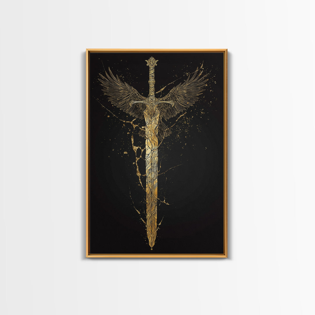 Mythic Sword of Odin Canvas Gold Art Canvas Art | Norse Viking Weapon Wall Decor Pagan Symbol | Office Art in Real Wood Framing