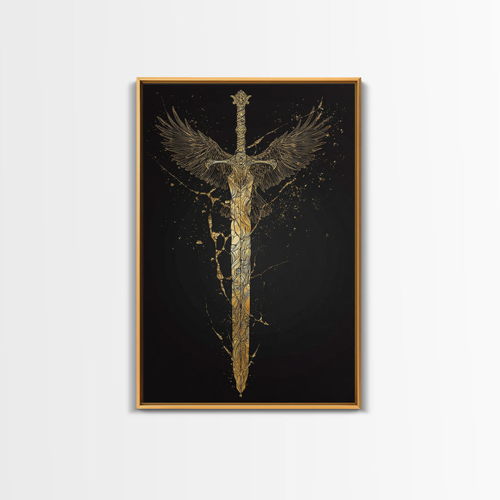 Mythic Sword of Odin Canvas Gold Art Canvas Art | Norse Viking Weapon Wall Decor Pagan Symbol | Office Art in Real Wood Framing