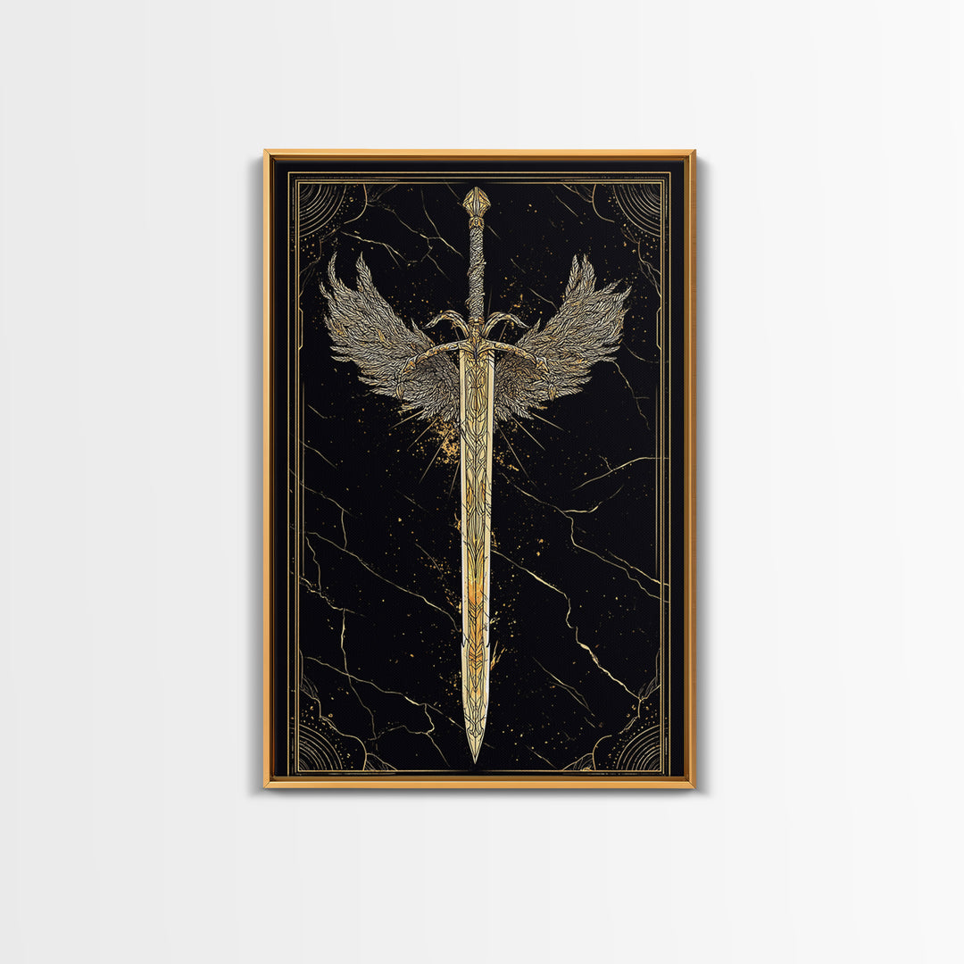 Winged Blade Canvas Gold Art Canvas Art | Norse Mythology Sword Wall Art Pagan Decor Dad Gift | Natural Wood Frame for Office