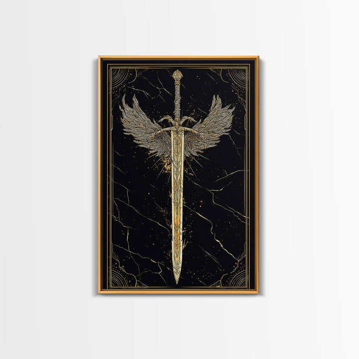 Winged Blade Canvas Gold Art Canvas Art | Norse Mythology Sword Wall Art Pagan Decor Dad Gift | Natural Wood Frame for Office