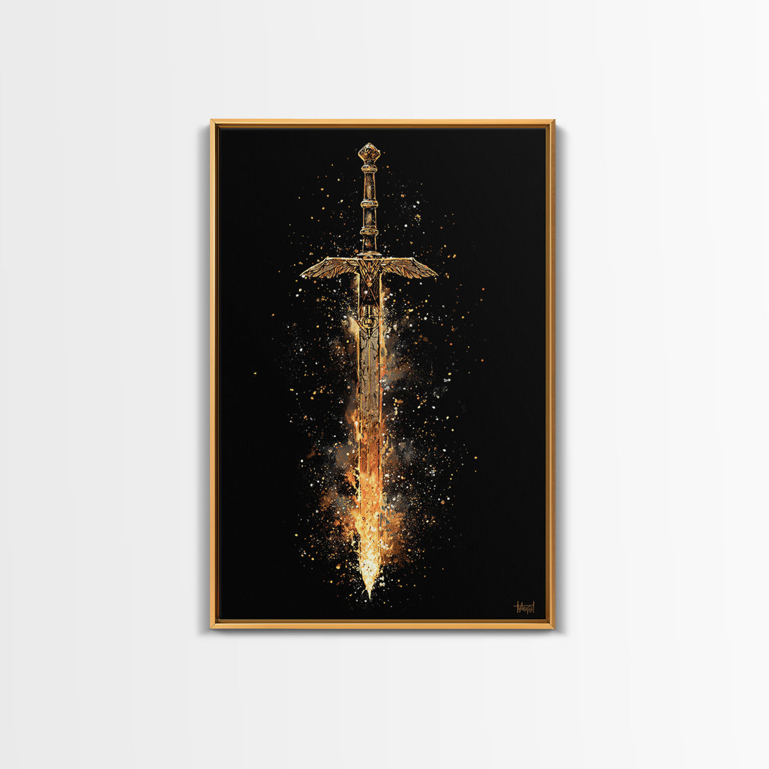 Fiery Sword of the Gods Canvas Gold Art Canvas Art | Viking Weapon Wall Decor Norse Mythology Art | Framed in Authentic Wood