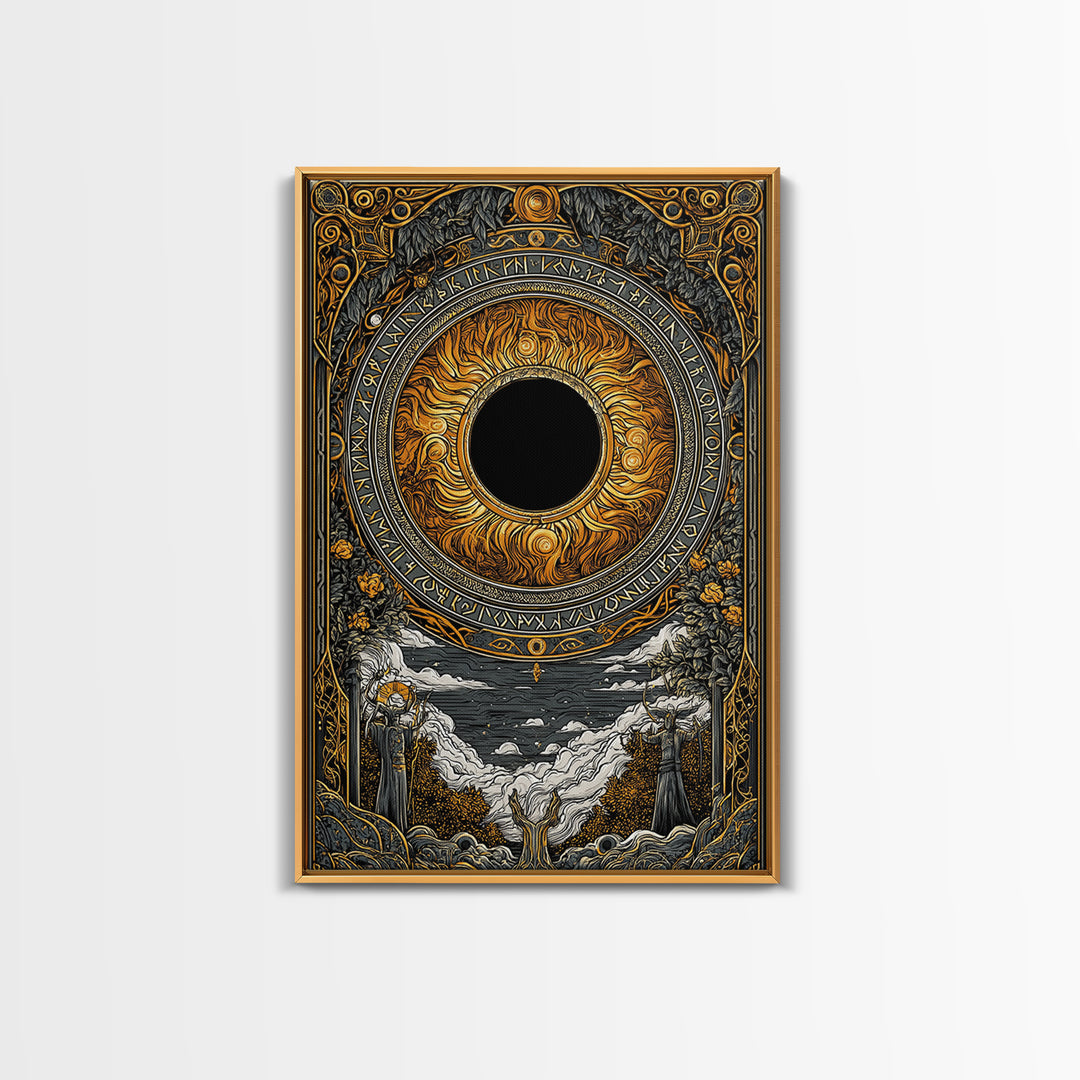 Solar Eclipse Nordic Canvas Gold Art Canvas Art | Viking Pagan Wall Decor Mythology Office Art | Mounted in Solid Natural Wood