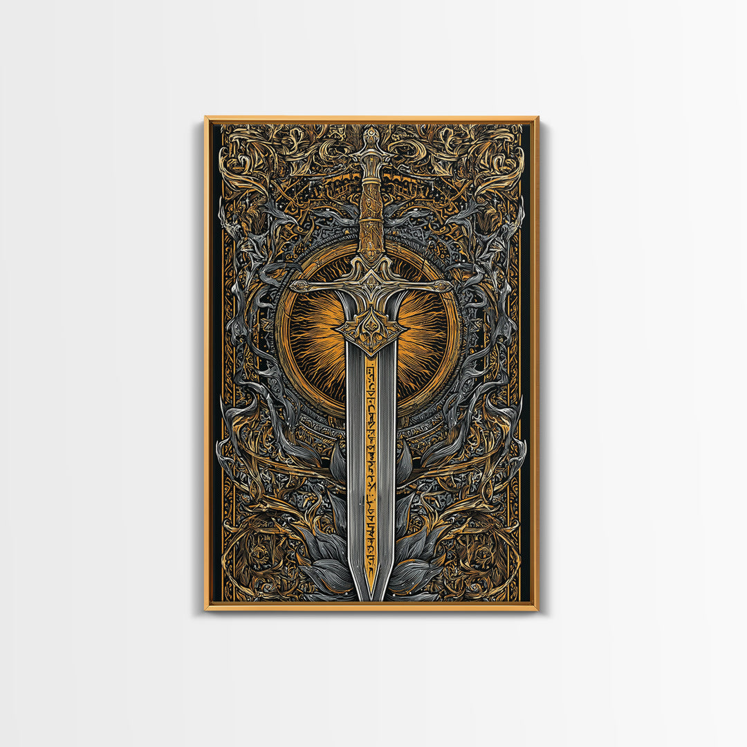Sword of Asgard Canvas Gold Art Canvas Art | Norse Mythology Warrior Weapon Wall Decor for Dad Gift | Framed with Real Wood