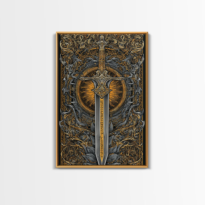Sword of Asgard Canvas Gold Art Canvas Art | Norse Mythology Warrior Weapon Wall Decor for Dad Gift | Framed with Real Wood
