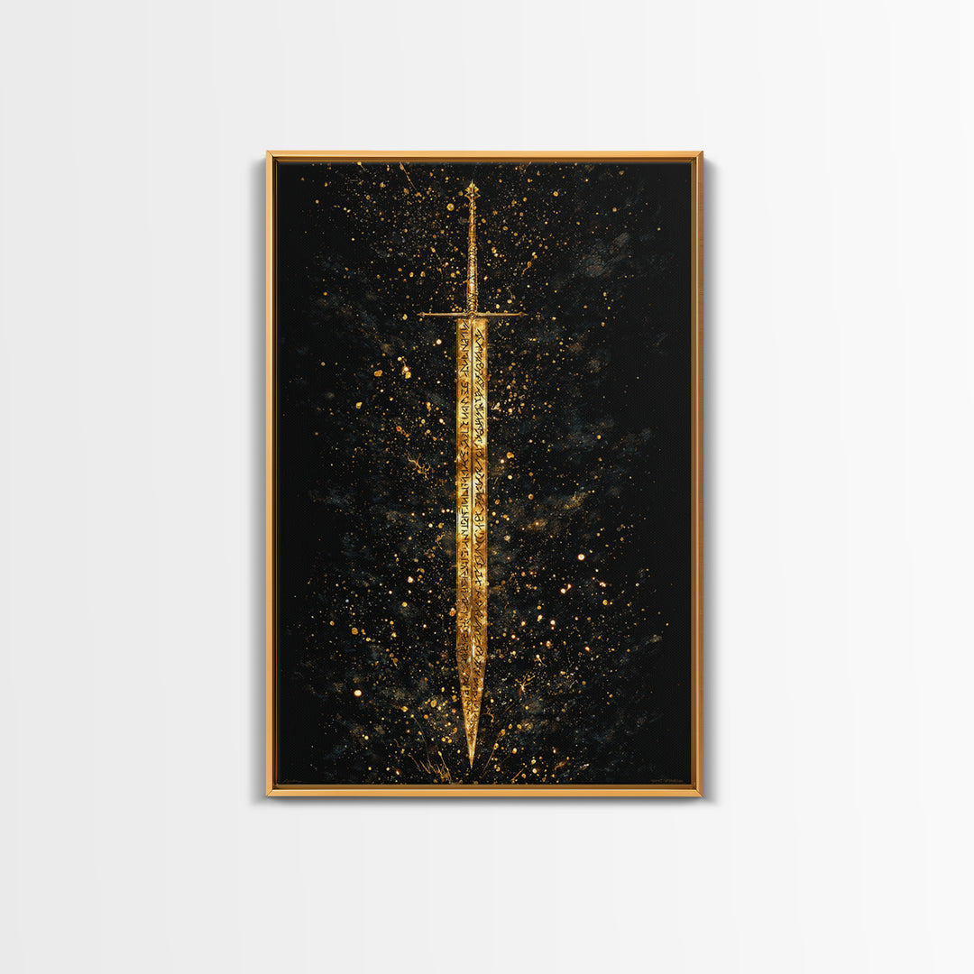 Runic Viking Sword Canvas Gold Art Canvas Art | Norse Mythology Weapon Wall Art Pagan Symbol Decor | Natural Wood Frame Included