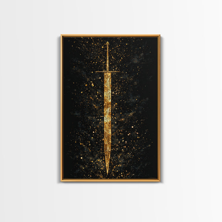 Runic Viking Sword Canvas Gold Art Canvas Art | Norse Mythology Weapon Wall Art Pagan Symbol Decor | Natural Wood Frame Included
