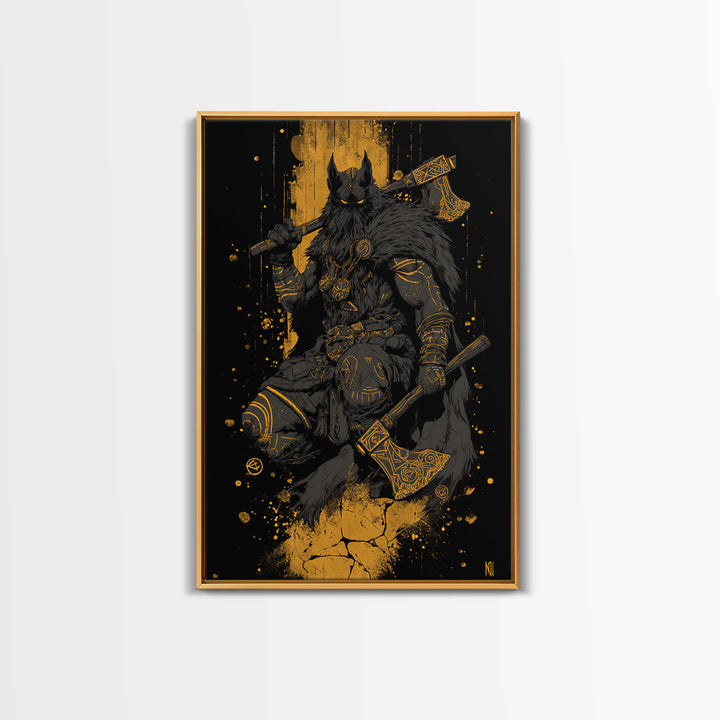 Odin’s Wolf Warrior Canvas Gold Art Canvas Art | Nordic Viking God Wall Decor for Man Cave or Office | Set in Solid Wood Frame