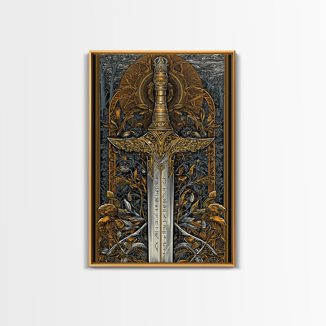 Nordic Forest Sword Canvas Gold Art Canvas Art | Viking Mythology Decor Pagan Warrior Weapon Wall Art | Mounted with Wood Frame
