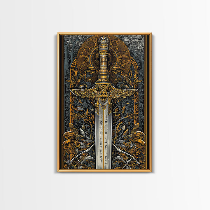 Nordic Forest Sword Canvas Gold Art Canvas Art | Viking Mythology Decor Pagan Warrior Weapon Wall Art | Mounted with Wood Frame