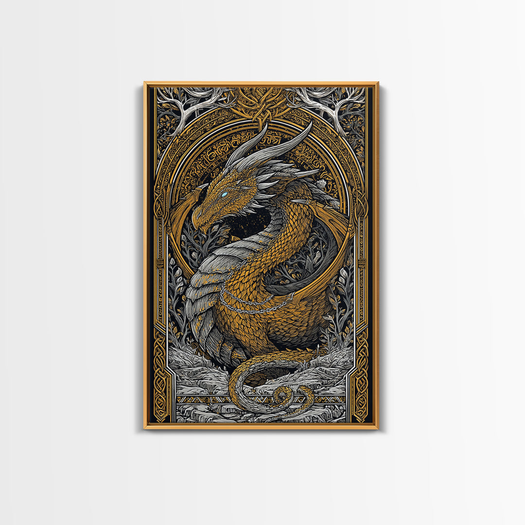 Nordic Dragon Canvas Gold Art Canvas Art | Viking Mythology Wall Decor for Dad Gift or Office Art | With Natural Wood Frame