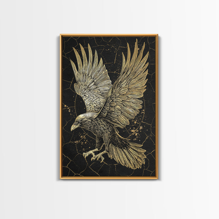 Odin’s Raven Canvas Gold Art Canvas Art | Viking Mythology Wall Decor for Office or Dad Gift | Framed with Solid Wood