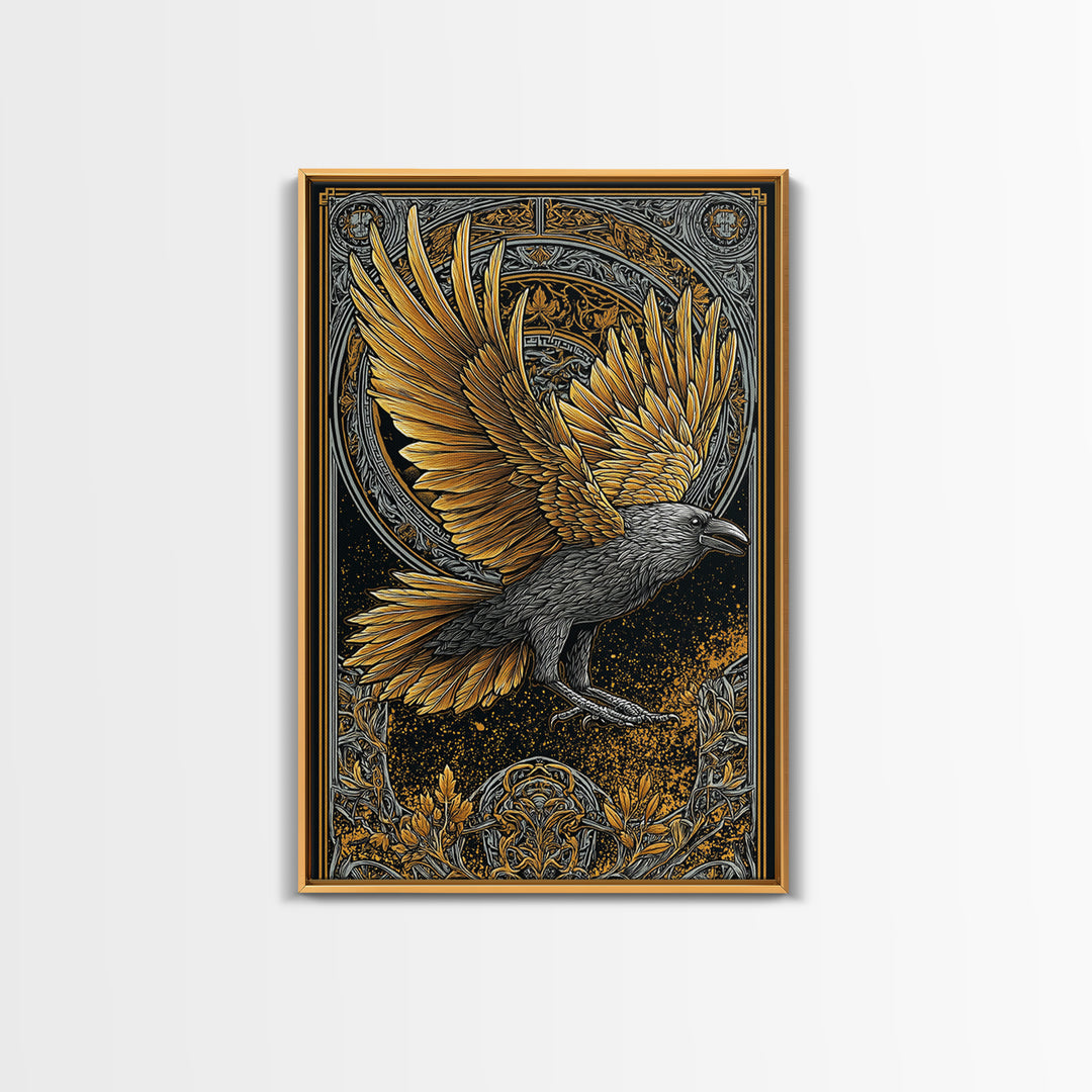 Huginn and Muninn Raven Canvas Gold Art Canvas Art | Norse Mythology Wall Hanging for Man Cave Decor | Real Wood Frame Included