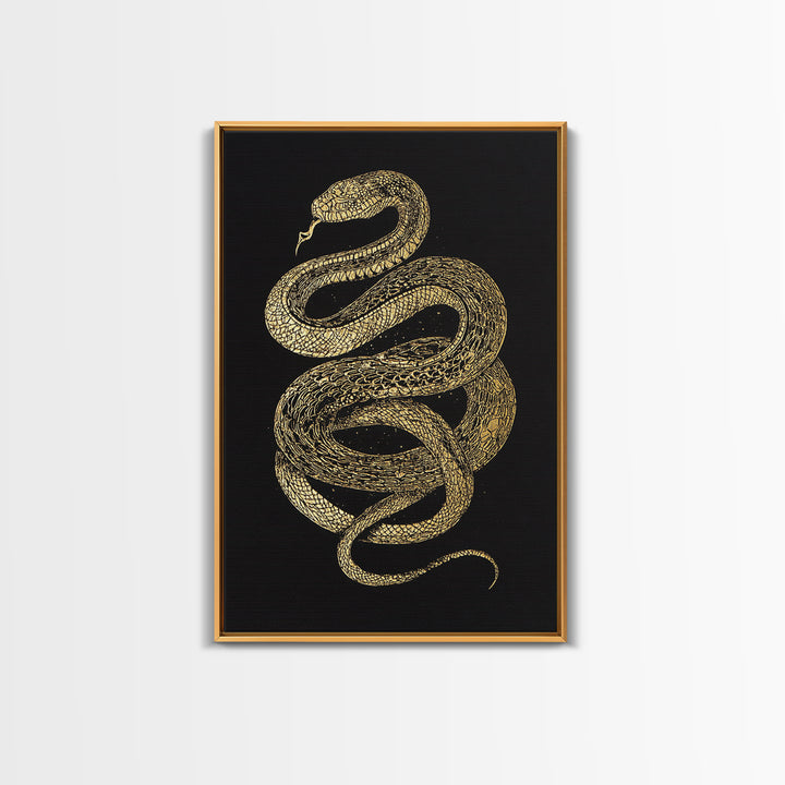 Jormungandr Serpent Canvas Gold Art Canvas Art | Viking Snake Norse Mythology Wall Art for Office or Man Cave | Framed in Wood