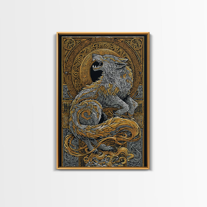 Fenrir Wolf Canvas Gold Art Canvas Art | Norse Mythology Viking Wolf Wall Decor for Dad Gift or Office Art | Real Wood Frame