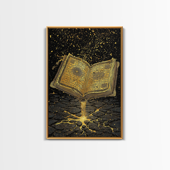 Nordic Spellbook Canvas Gold Art Canvas Art | Viking Runes Mythology Wall Decor for Man Cave or Office | Framed with Wood