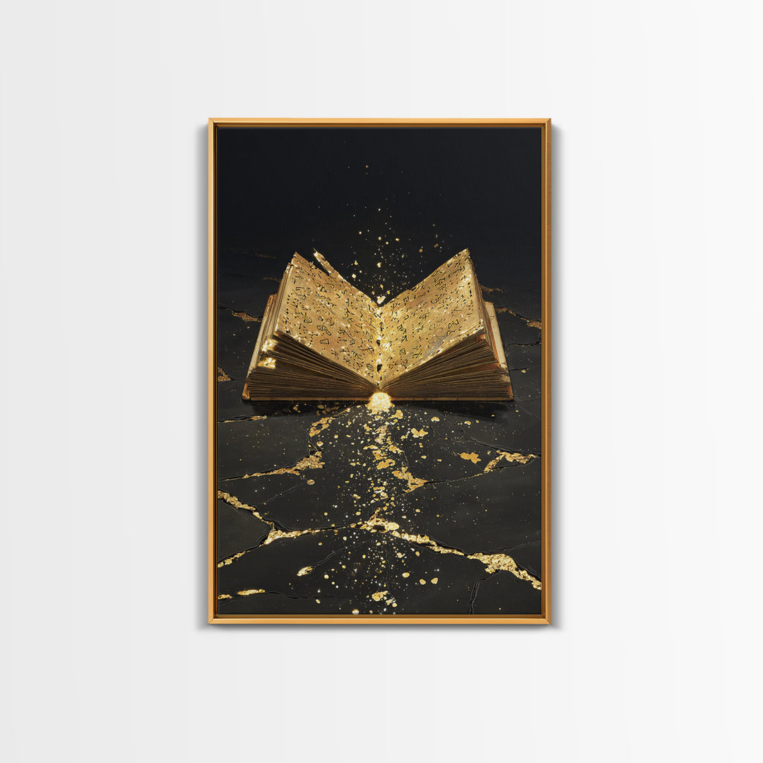 Ancient Rune Book Canvas Gold Art Canvas Art | Norse Mythology Viking Decor for Office Art or Man Cave | Natural Wood Framing