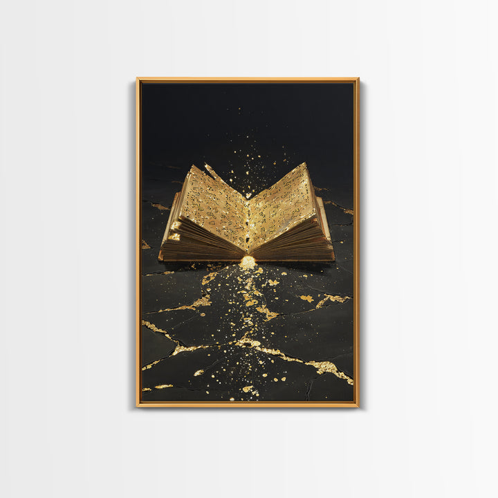 Ancient Rune Book Canvas Gold Art Canvas Art | Norse Mythology Viking Decor for Office Art or Man Cave | Natural Wood Framing