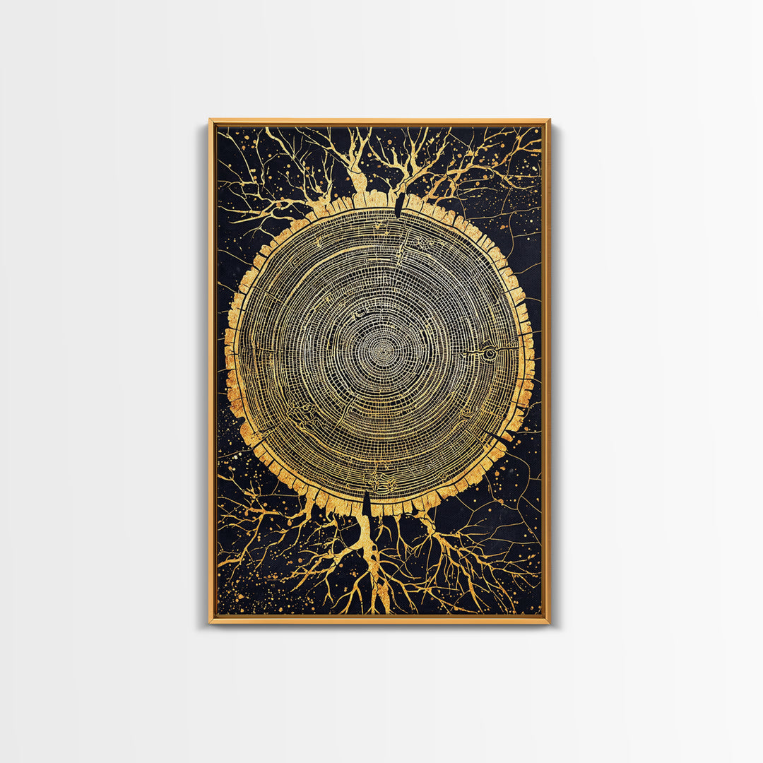 Canvas Gold Art of Yggdrasil Inspired Tree Rings, Norse Mythology Canvas Art for Dad Gift or Study, handcrafted real wood frame