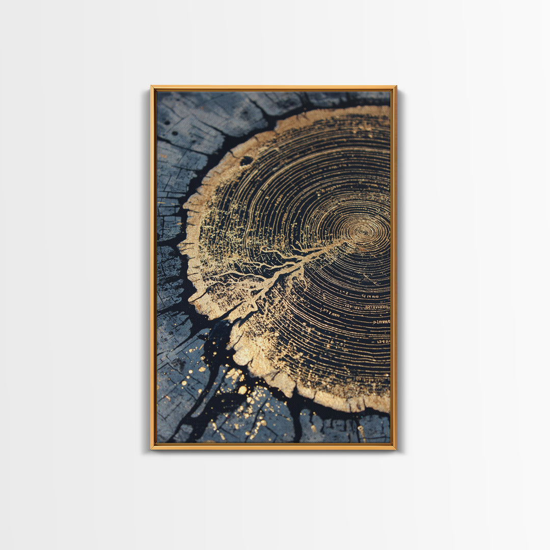 Odin’s Yggdrasil Tree Ring Canvas Gold Art, Nordic Mythology Canvas Art for Man Cave or Office, framed in natural real wood