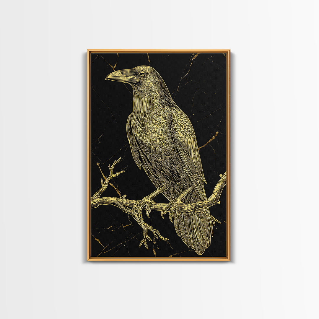 Raven Canvas Gold Art Wall Decor, Huginn and Muninn Inspired Norse Mythology Canvas Art for Office or Man Cave, in real wood frame