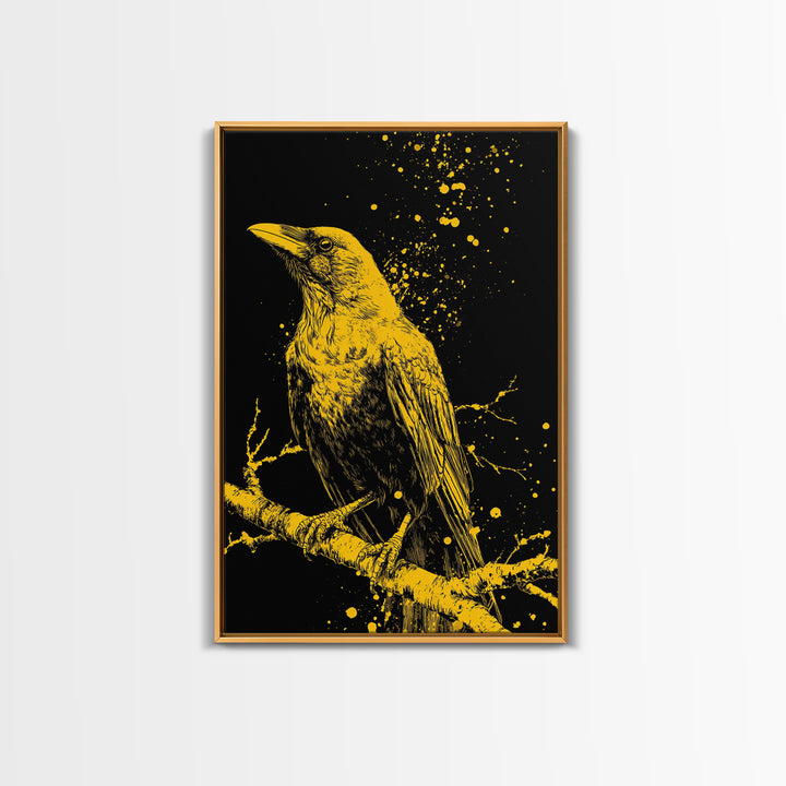Nordic Mythology Raven Canvas Gold Art, Odin’s Huginn Raven Canvas Art for Dad Gift, Office or Study, framed with natural wood