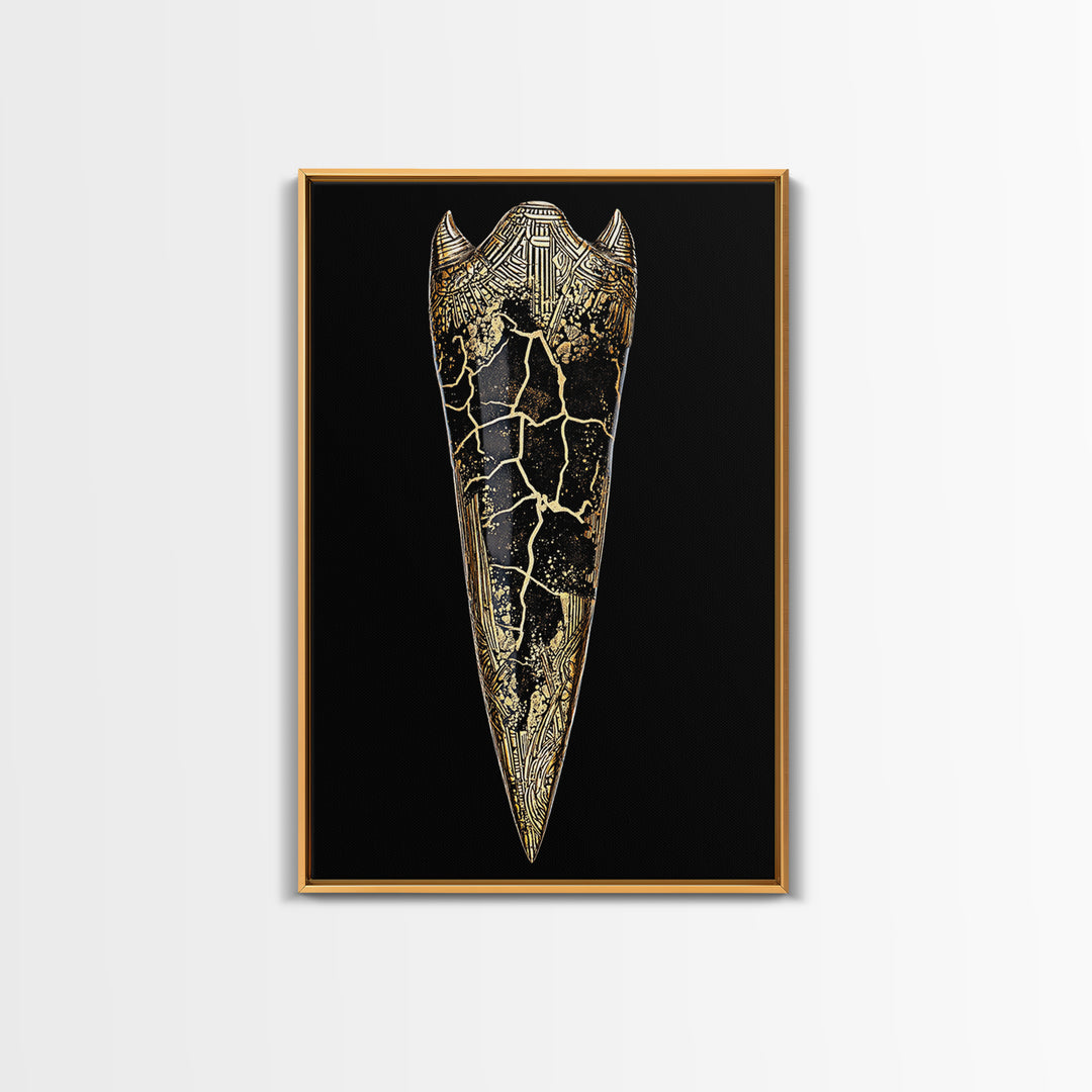 Viking Armor Relic Canvas Gold Art, Nordic Mythology Inspired Canvas Art Wall Decor for Office or Man Cave, with real wood frame