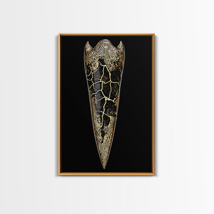 Viking Armor Relic Canvas Gold Art, Nordic Mythology Inspired Canvas Art Wall Decor for Office or Man Cave, with real wood frame