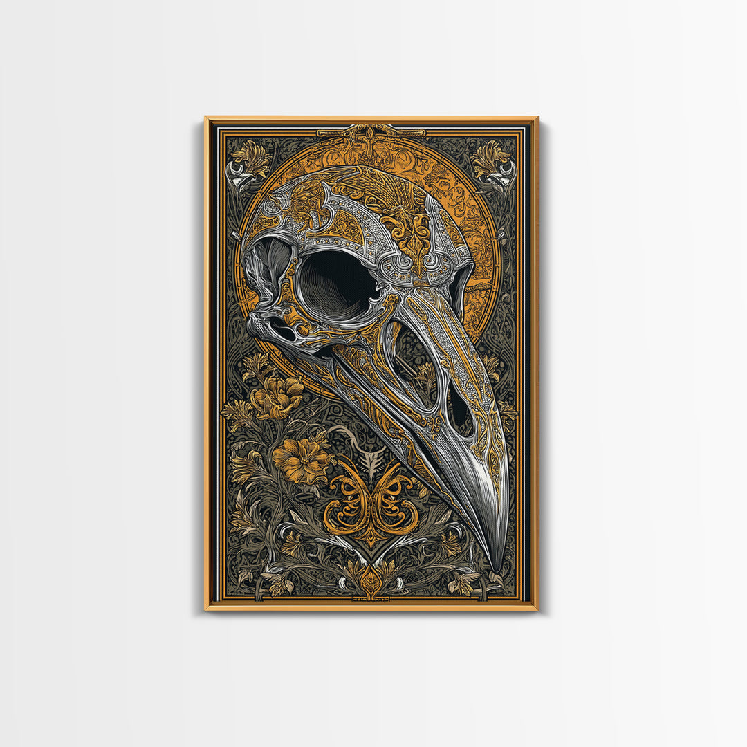 Norse Crow Skull Canvas Gold Art, Nordic Mythology Canvas Art for Man Cave or Office, framed in handcrafted real wood frame