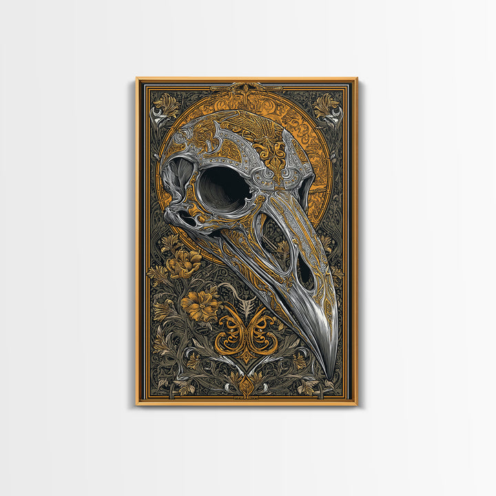 Norse Crow Skull Canvas Gold Art, Nordic Mythology Canvas Art for Man Cave or Office, framed in handcrafted real wood frame