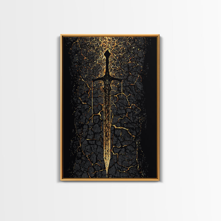 Viking Sword Canvas Gold Art, Norse Mythology Canvas Art Wall Decor for Dad Gift, Office or Study, framed with natural real wood