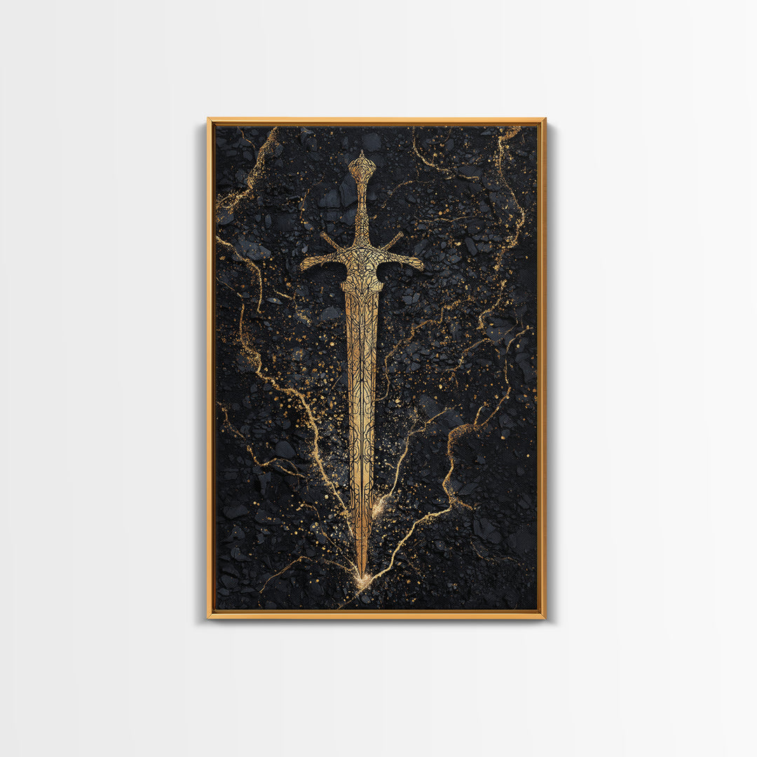Nordic Sword of Legends Canvas Gold Art, Norse Mythology Inspired Canvas Art for Man Cave or Office, with real wood frame