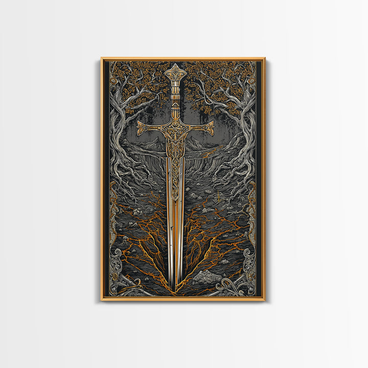 Yggdrasil Sword Canvas Gold Art, Nordic Mythology Canvas Art for Office or Dad Gift, handcrafted and framed in real natural wood