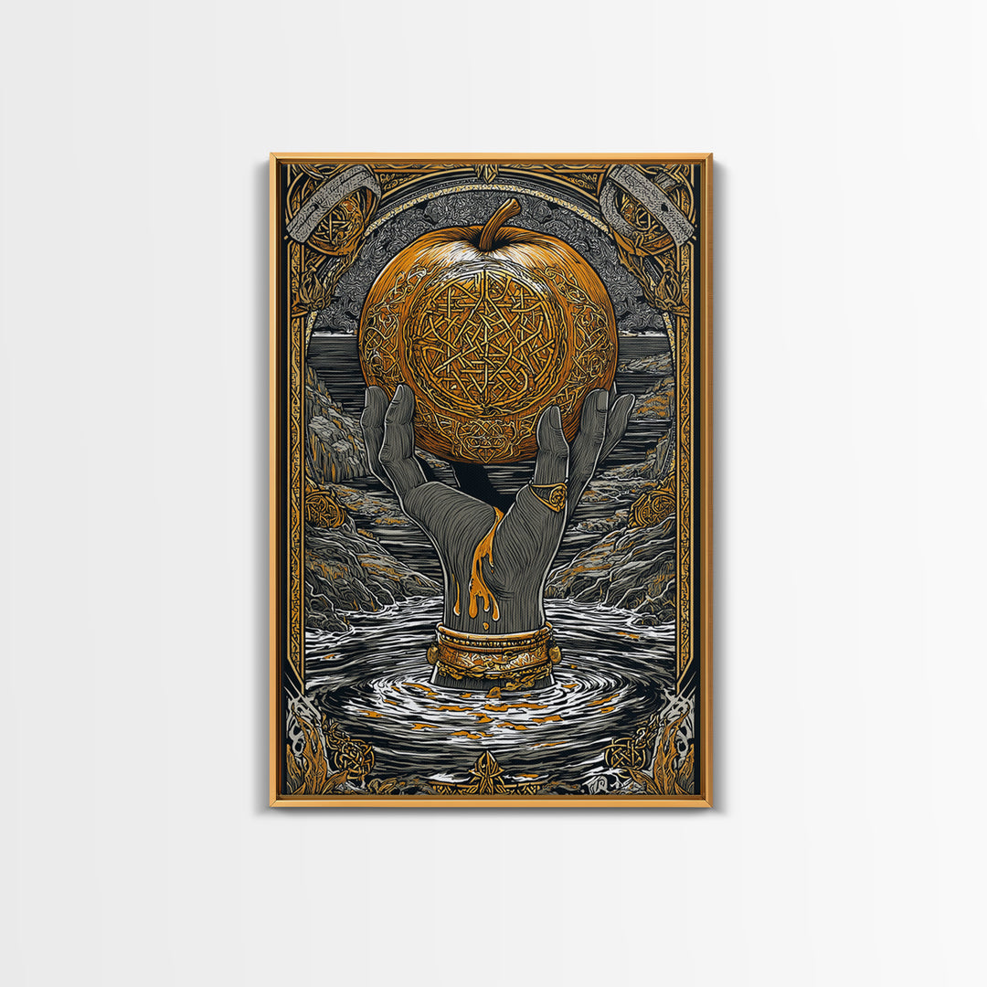 Mythic Apple Offering Canvas Gold Art Canvas Art | Nordic God Wall Art Pagan Symbol Decor | Office or Man Cave | Wood Frame