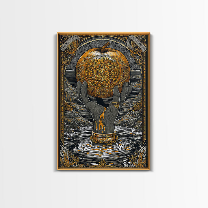Mythic Apple Offering Canvas Gold Art Canvas Art | Nordic God Wall Art Pagan Symbol Decor | Office or Man Cave | Wood Frame