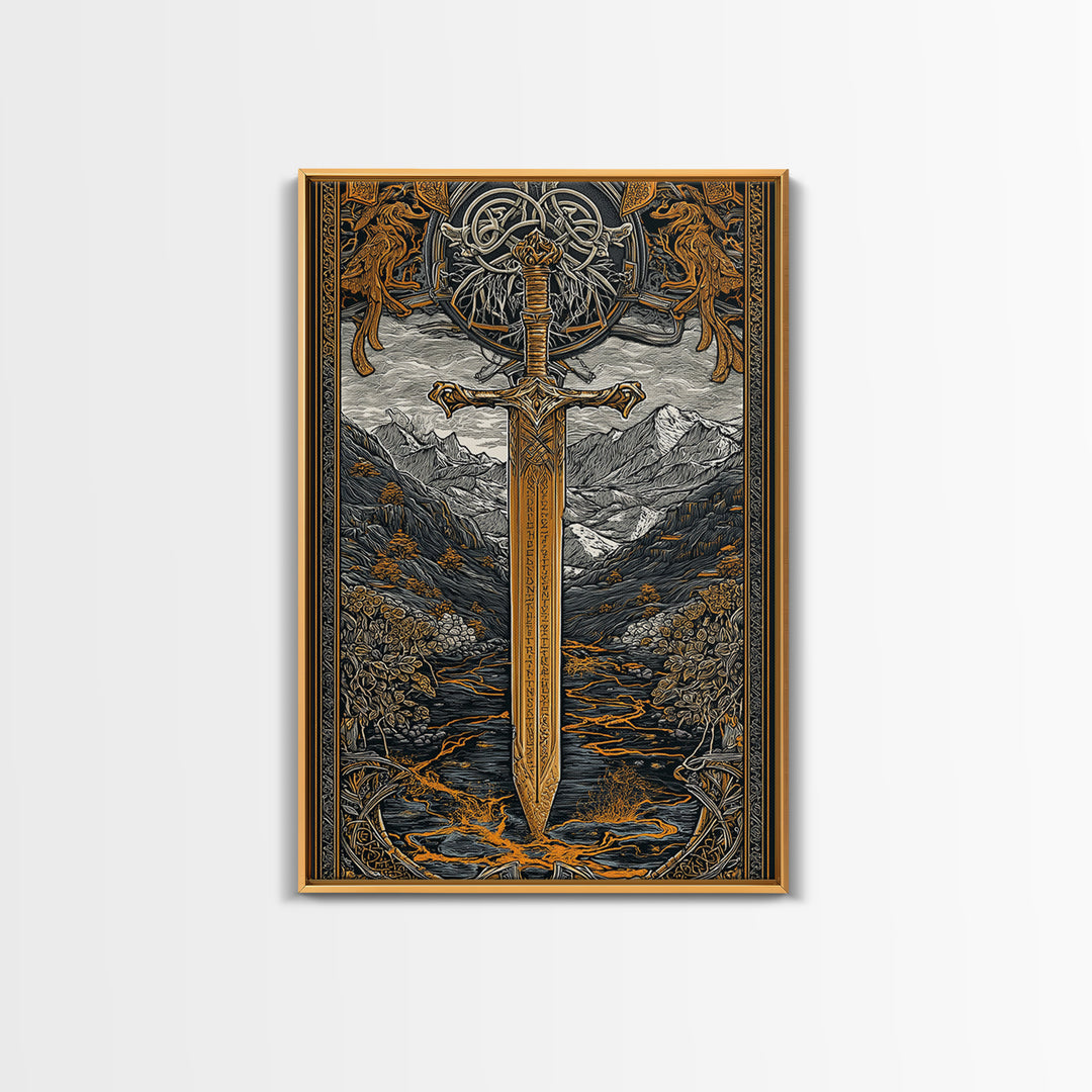Norse Saga Sword Canvas Gold Art, Viking Inspired Canvas Art for Man Cave or Office, Nordic Mythology Wall Decor in real wood frame