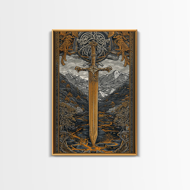 Norse Saga Sword Canvas Gold Art, Viking Inspired Canvas Art for Man Cave or Office, Nordic Mythology Wall Decor in real wood frame