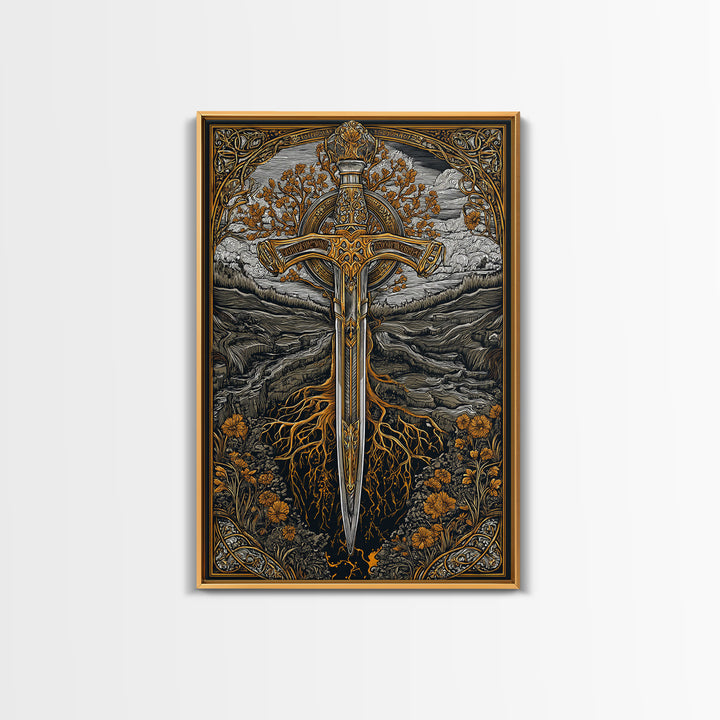 Nordic Sword of Yggdrasil Canvas Gold Art Canvas Art | Viking Mythology Wall Decor for Man Cave or Office | Framed in Real Wood