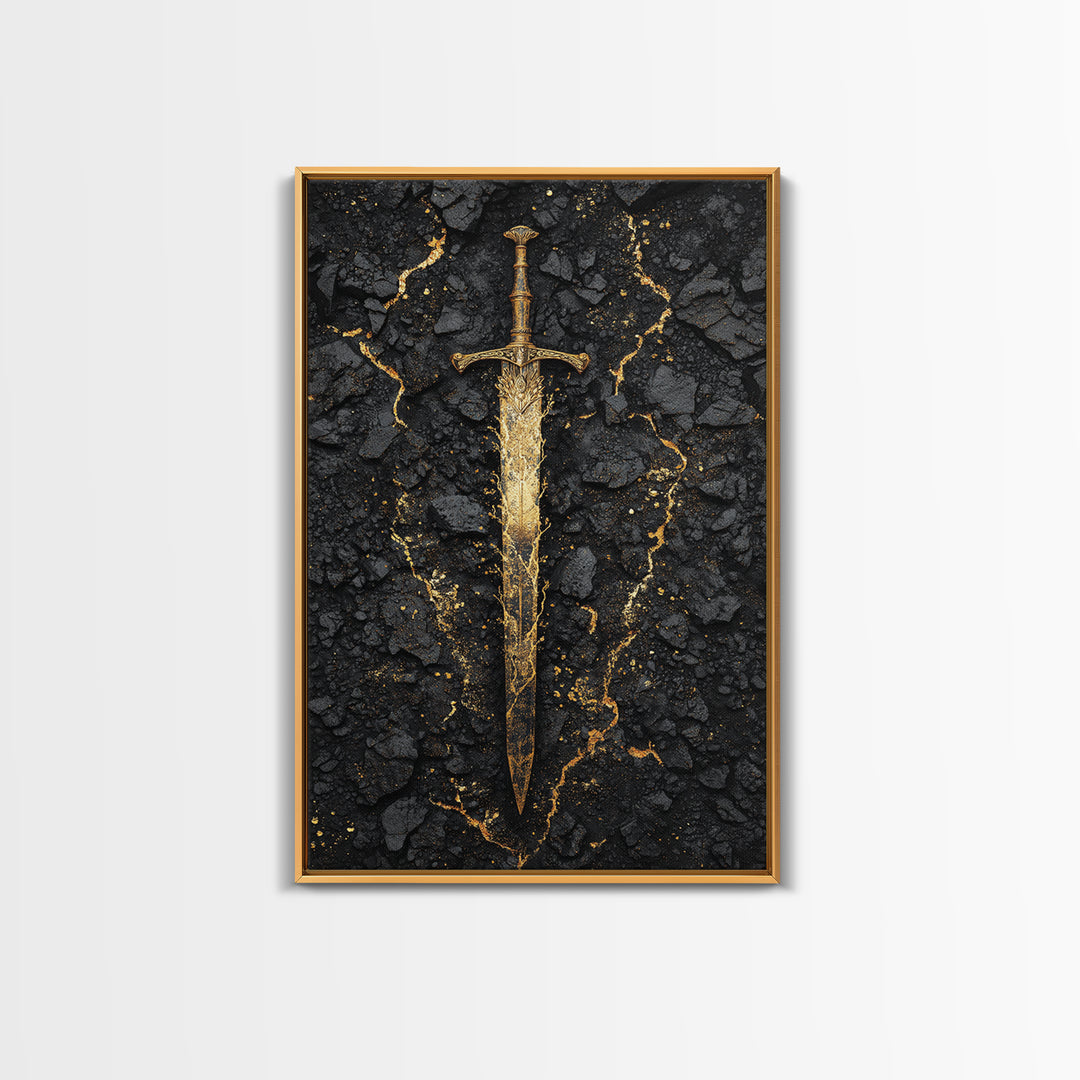 Ancient Viking Sword Canvas Gold Art Canvas Art | Norse Mythology Weapon Wall Decor Office Art Dad Gift | Mounted in Natural Wood