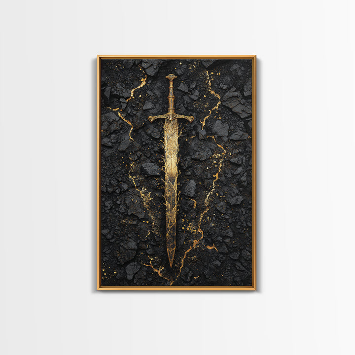 Ancient Viking Sword Canvas Gold Art Canvas Art | Norse Mythology Weapon Wall Decor Office Art Dad Gift | Mounted in Natural Wood