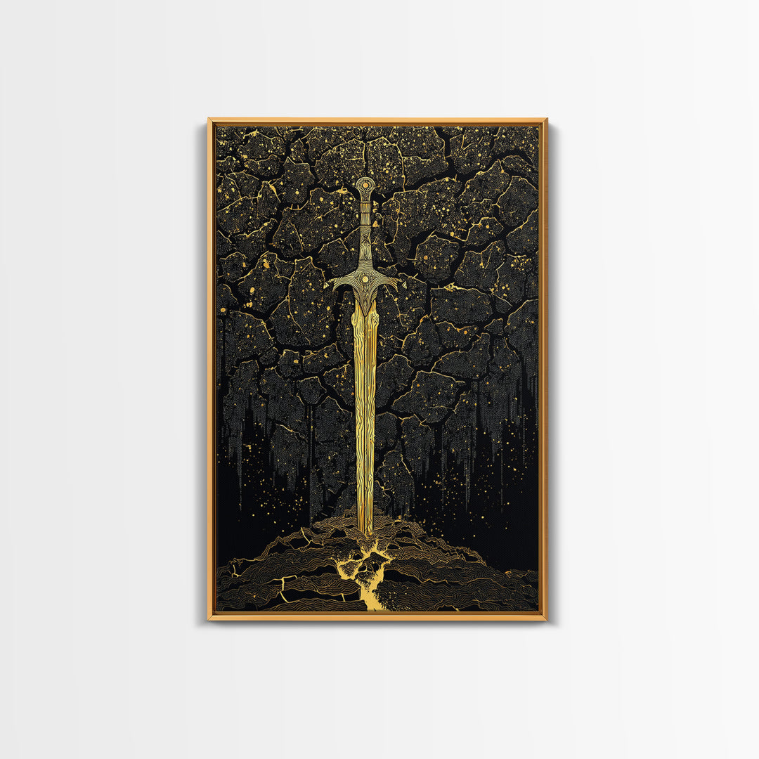 Cracked Earth Viking Blade Canvas Gold Art Canvas Art | Norse Mythology Wall Decor for Office or Man Cave | Framed with Real Wood