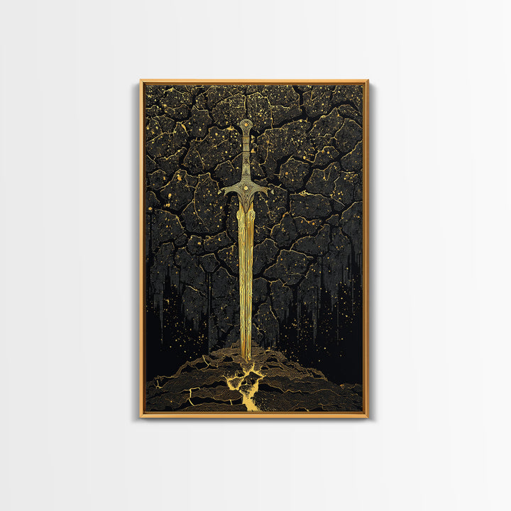 Cracked Earth Viking Blade Canvas Gold Art Canvas Art | Norse Mythology Wall Decor for Office or Man Cave | Framed with Real Wood
