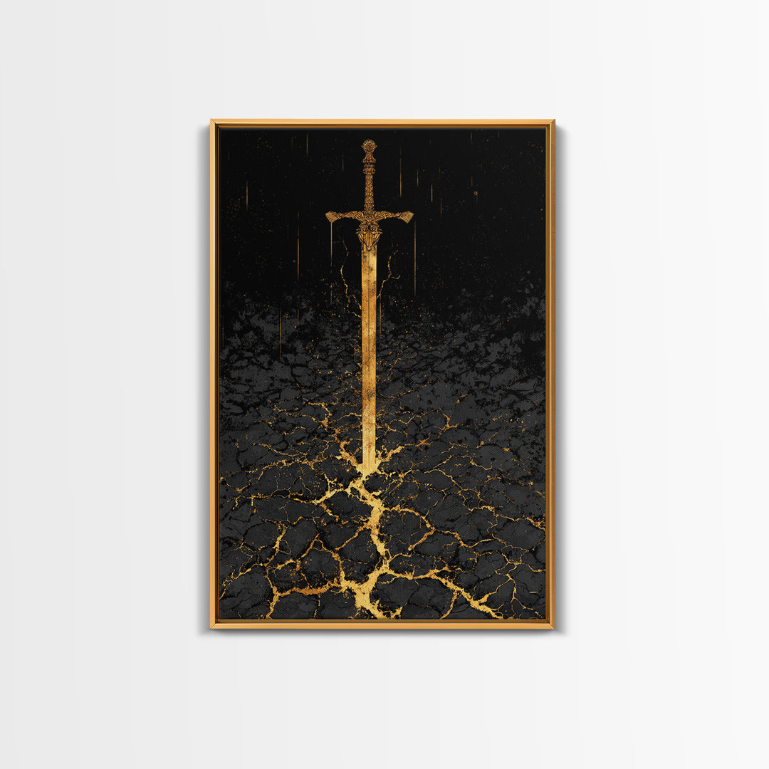 Norse Warrior Sword Canvas Gold Art Canvas Art | Viking Mythology Weapon Wall Decor Dad Gift | Office Art with Natural Wood Frame