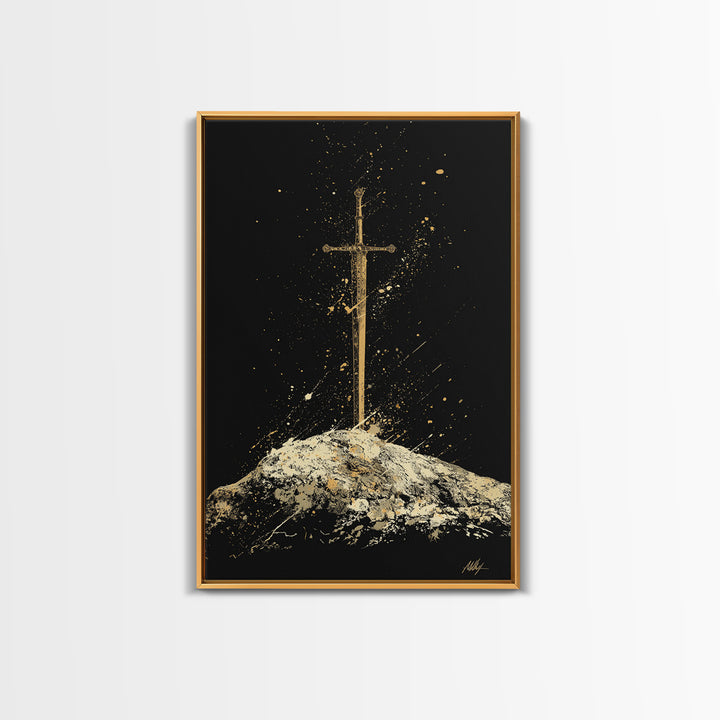 Sword in Stone Canvas Gold Art Canvas Art | Nordic Mythology Viking Weapon Wall Decor Office Art | Framed in Authentic Real Wood