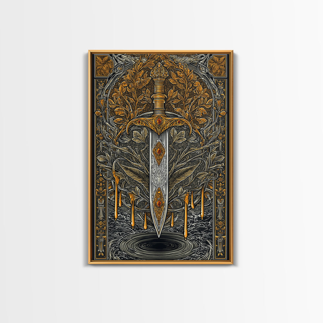 Golden Rune Sword Canvas Gold Art Canvas Art | Viking Mythology Weapon Wall Decor for Dad Gift | Office or Man Cave in Real Wood Frame