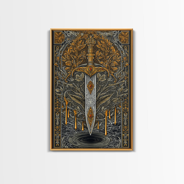 Golden Rune Sword Canvas Gold Art Canvas Art | Viking Mythology Weapon Wall Decor for Dad Gift | Office or Man Cave in Real Wood Frame